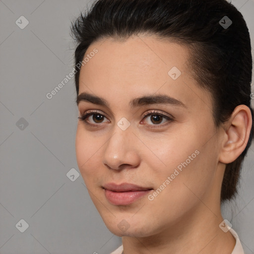 Joyful white young-adult female with medium  brown hair and brown eyes