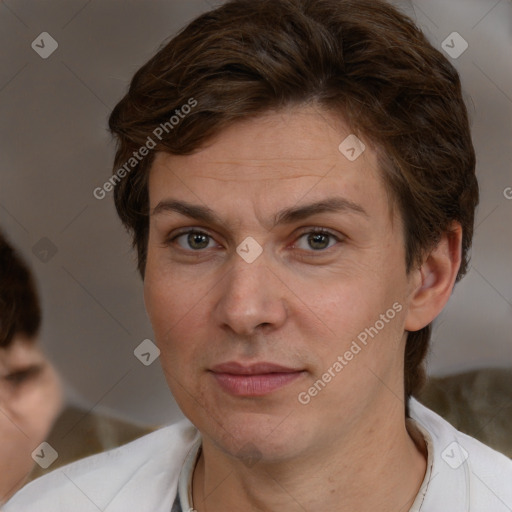 Joyful white adult female with short  brown hair and brown eyes