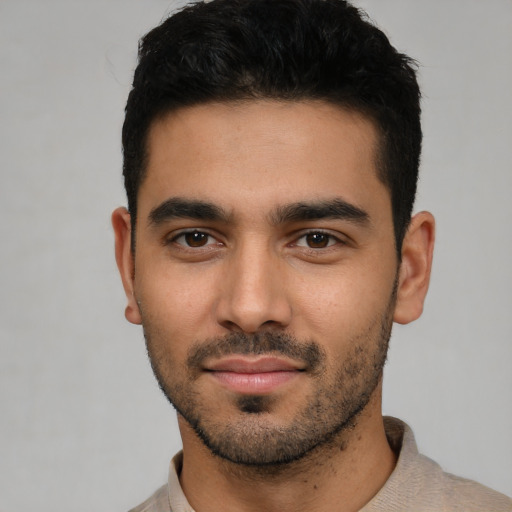Neutral latino young-adult male with short  black hair and brown eyes