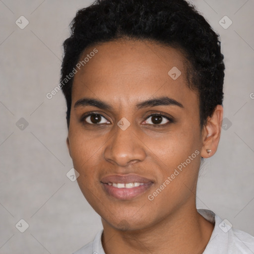 Joyful black young-adult female with short  black hair and brown eyes