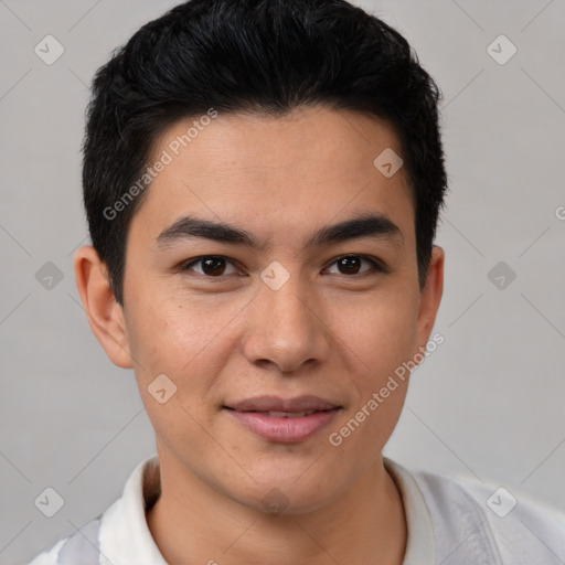 Joyful latino young-adult male with short  brown hair and brown eyes