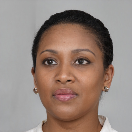Neutral black young-adult female with short  brown hair and brown eyes