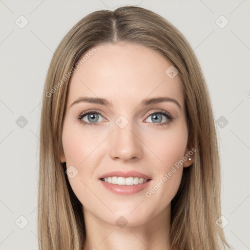 Joyful white young-adult female with long  brown hair and grey eyes