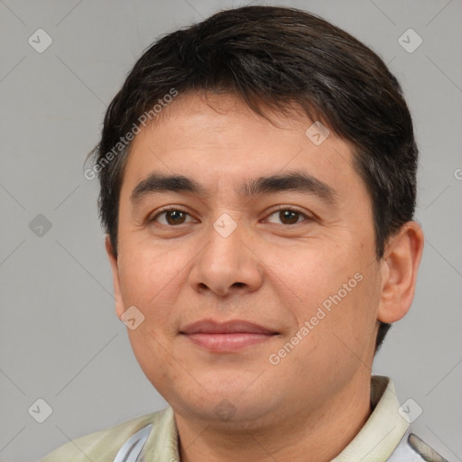 Joyful white adult male with short  brown hair and brown eyes