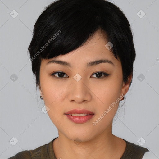 Joyful asian young-adult female with medium  black hair and brown eyes