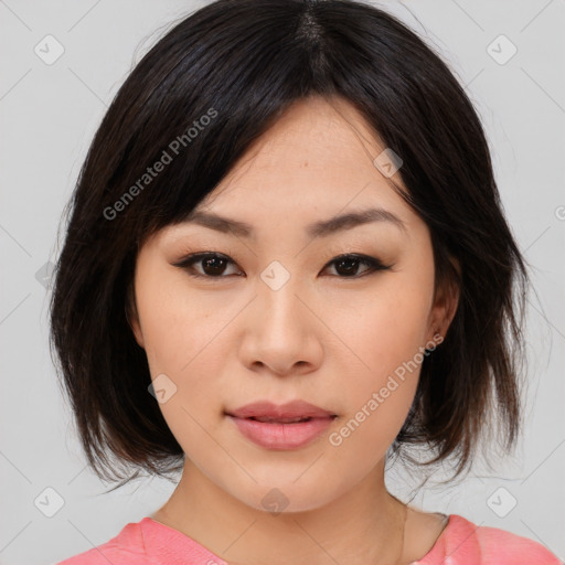 Neutral asian young-adult female with medium  brown hair and brown eyes