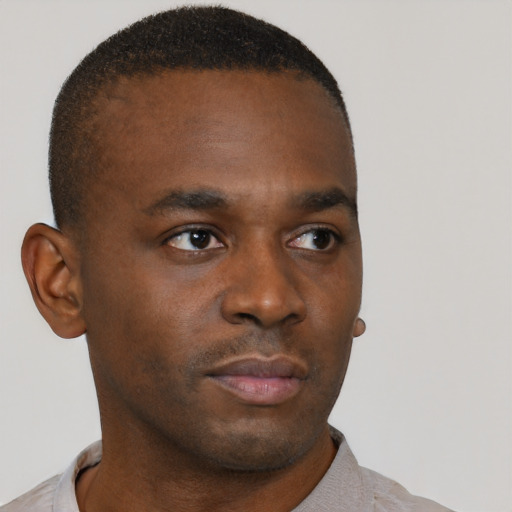 Neutral black young-adult male with short  brown hair and brown eyes