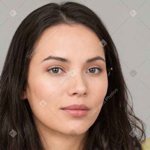 Neutral white young-adult female with long  brown hair and brown eyes