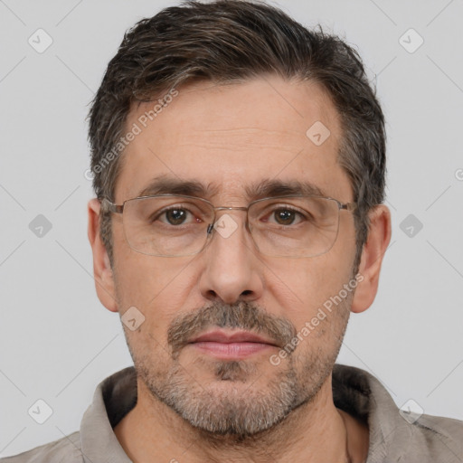 Neutral white adult male with short  brown hair and brown eyes