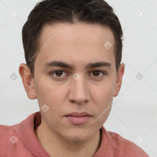 Neutral white young-adult male with short  brown hair and brown eyes