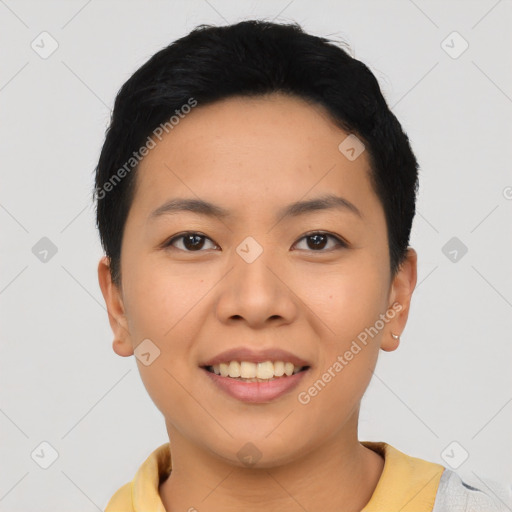 Joyful asian young-adult female with short  black hair and brown eyes