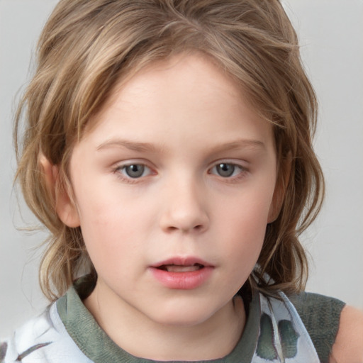 Neutral white child female with medium  brown hair and grey eyes