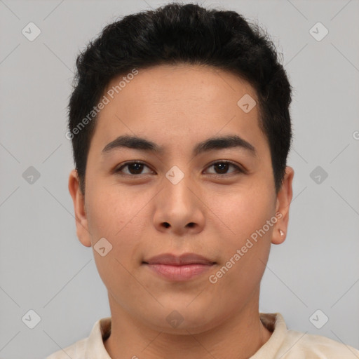 Neutral latino young-adult male with short  brown hair and brown eyes