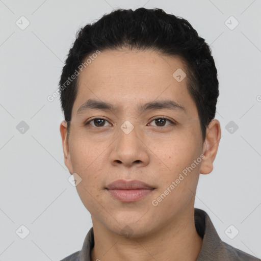 Neutral asian young-adult male with short  black hair and brown eyes