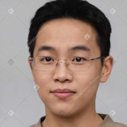 Neutral asian young-adult male with short  brown hair and brown eyes