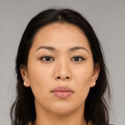 Neutral asian young-adult female with long  brown hair and brown eyes