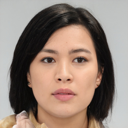 Neutral asian young-adult female with medium  brown hair and brown eyes