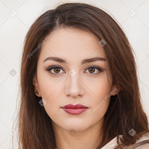 Neutral white young-adult female with long  brown hair and brown eyes