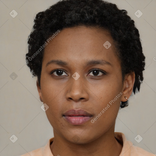 Neutral black young-adult female with short  brown hair and brown eyes