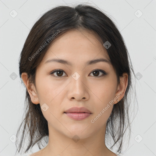 Neutral asian young-adult female with medium  brown hair and brown eyes