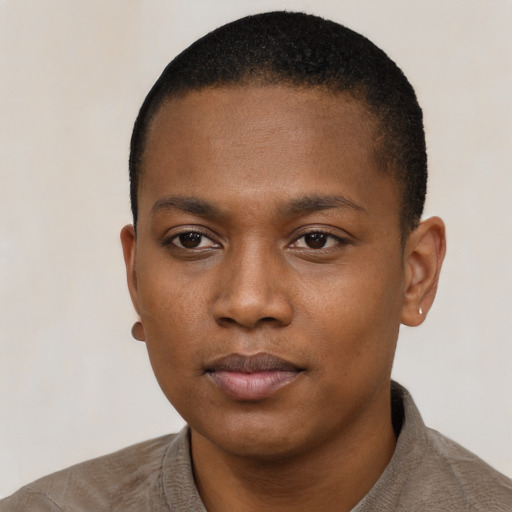 Neutral black young-adult male with short  black hair and brown eyes