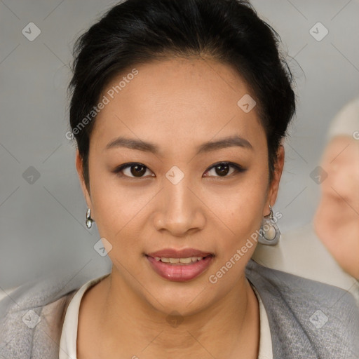 Joyful asian young-adult female with short  brown hair and brown eyes