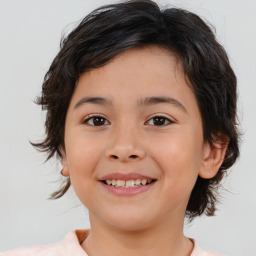 Joyful white child female with medium  brown hair and brown eyes