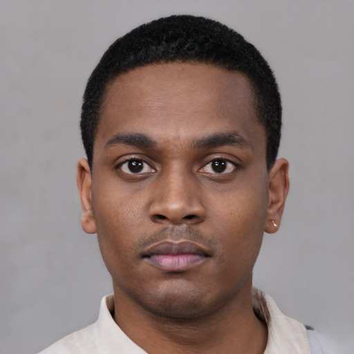 Neutral black young-adult male with short  black hair and brown eyes