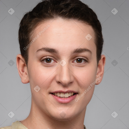 Joyful white young-adult female with short  brown hair and grey eyes