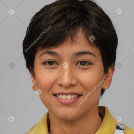 Joyful asian young-adult female with medium  brown hair and brown eyes