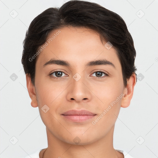 Joyful white young-adult female with short  brown hair and brown eyes