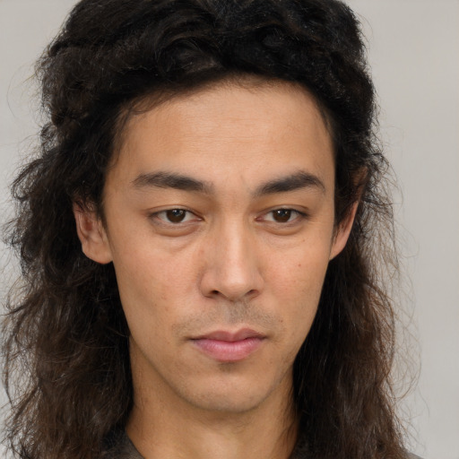 Neutral white young-adult male with long  brown hair and brown eyes