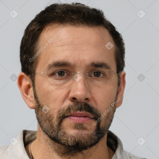 Neutral white adult male with short  brown hair and brown eyes