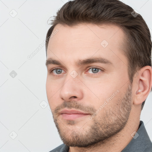 Neutral white young-adult male with short  brown hair and brown eyes