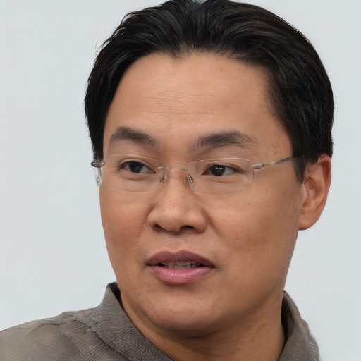 Joyful asian adult male with short  brown hair and brown eyes
