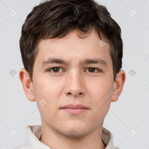 Neutral white young-adult male with short  brown hair and brown eyes