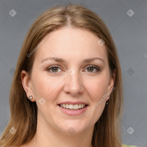 Joyful white young-adult female with long  brown hair and grey eyes