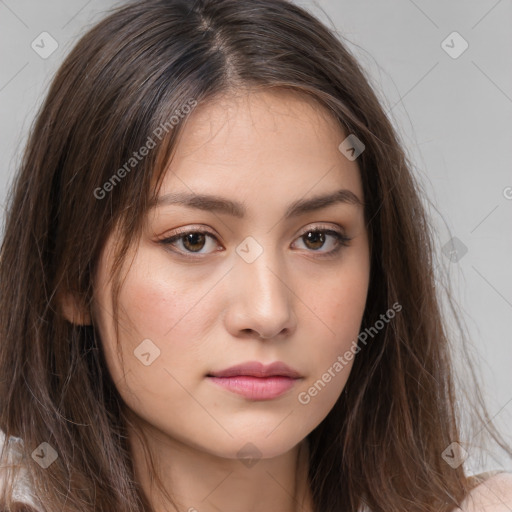 Neutral white young-adult female with long  brown hair and brown eyes