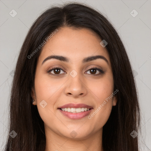 Joyful white young-adult female with long  brown hair and brown eyes