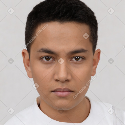 Neutral latino young-adult male with short  black hair and brown eyes