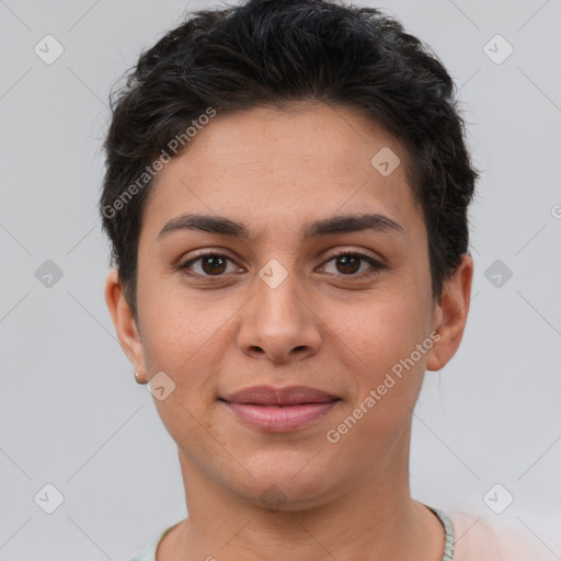 Joyful white young-adult female with short  brown hair and brown eyes