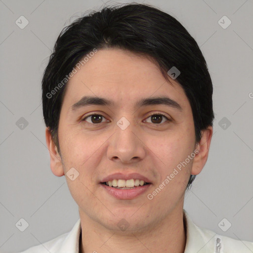 Joyful white young-adult male with short  black hair and brown eyes