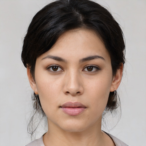 Neutral asian young-adult female with medium  black hair and brown eyes