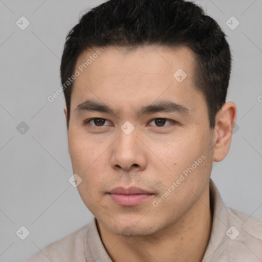 Neutral asian young-adult male with short  brown hair and brown eyes