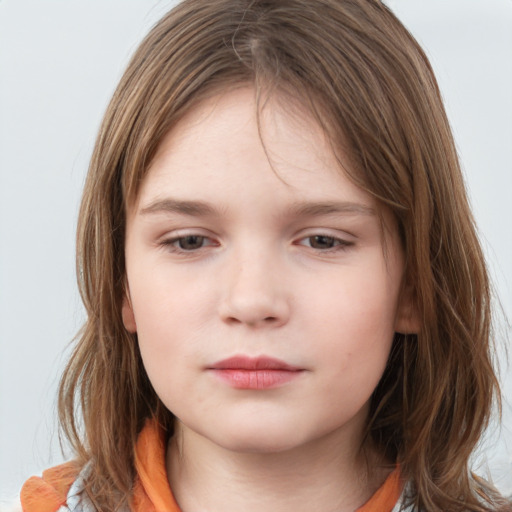 Neutral white child female with medium  brown hair and grey eyes