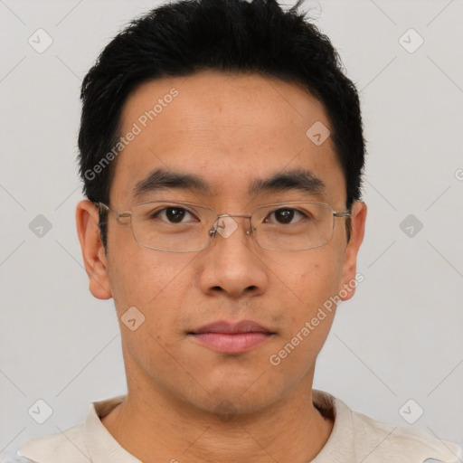 Neutral asian young-adult male with short  brown hair and brown eyes