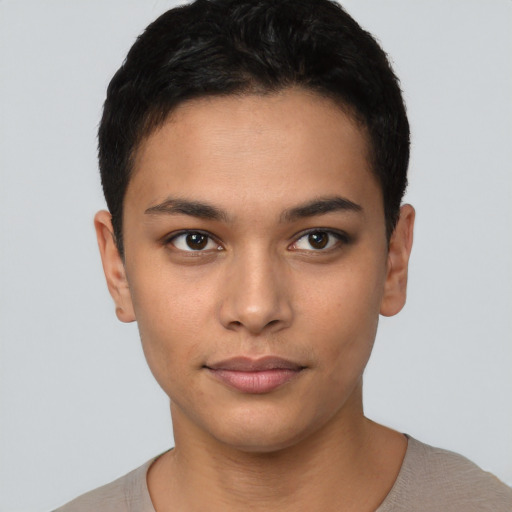Neutral asian young-adult female with short  brown hair and brown eyes