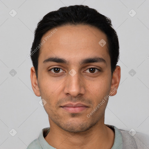 Neutral latino young-adult male with short  black hair and brown eyes