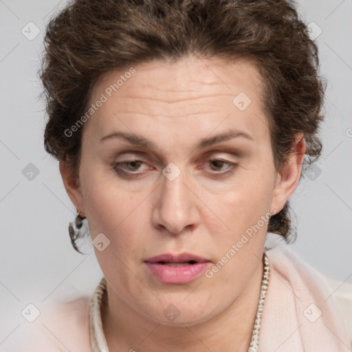 Joyful white adult female with short  brown hair and grey eyes