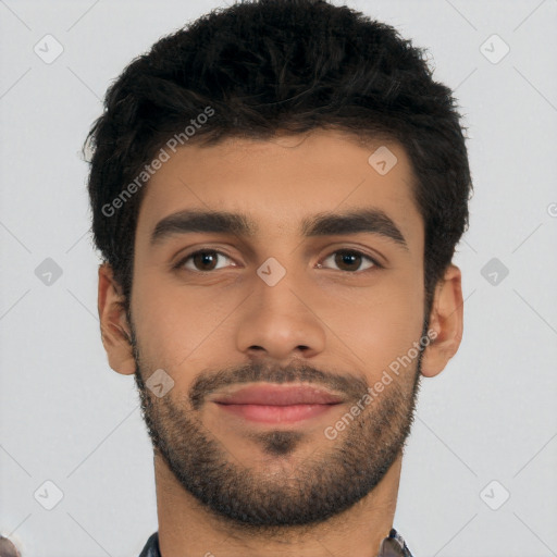 Neutral latino young-adult male with short  black hair and brown eyes